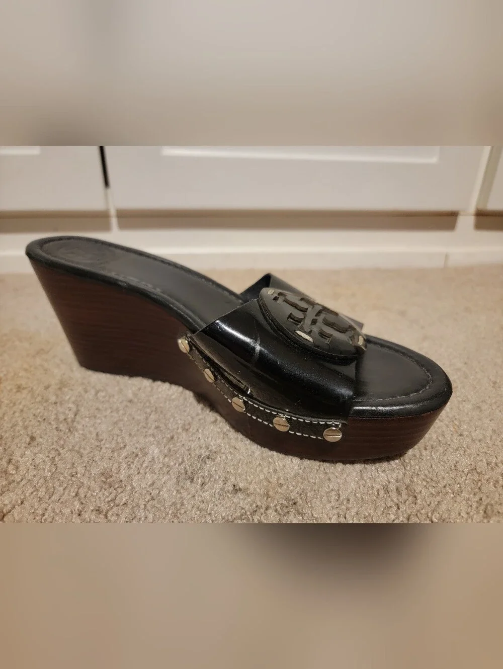 Tory Burch Patti Black Patent Leather Slides Platform Wedge Mule Sandal Size 8